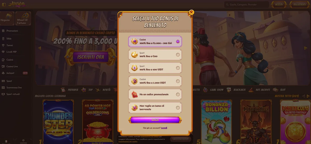 Bonus di benvenuto di Alawin Casino del 300% fino a 2.000 € con 300 giri gratis